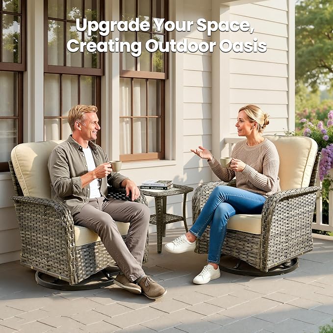 Weaxty Outdoor Swivel Rocker Patio Chairs, 3 Pieces Patio Furniture Set with Rocking Chair and Wicker Side Table, Outdoor Furniture Conversation Set for Porch, Deck, Yard, Balcony, Beige