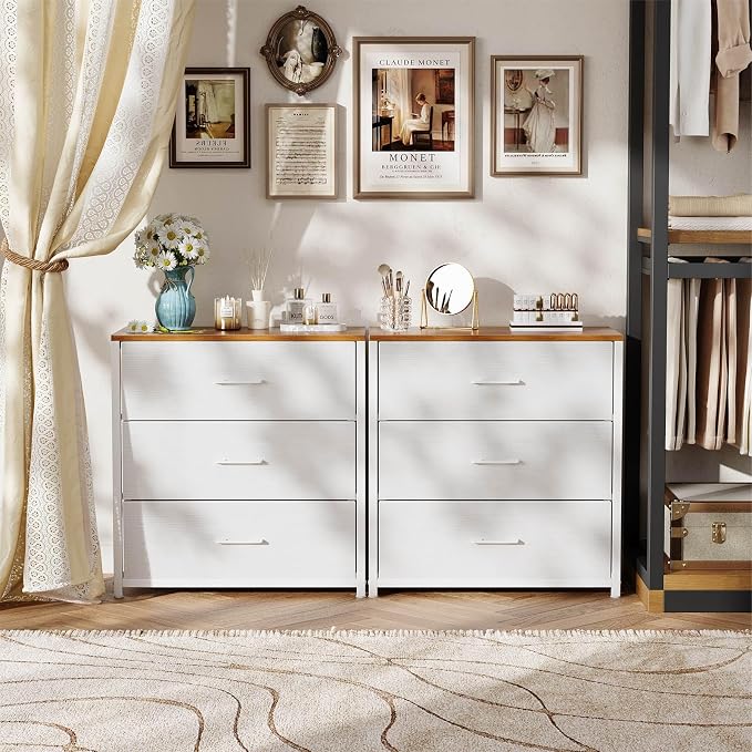 Memobarco Nightstand,Farmhouse Night stand with 3 Storage Drawer,Small Dresser for Bedroom,Chest of Drawers Fabric Dressers with Steel Frame,Wooden Top Front Bedside Table for Small Space,White+walnut - Image 9