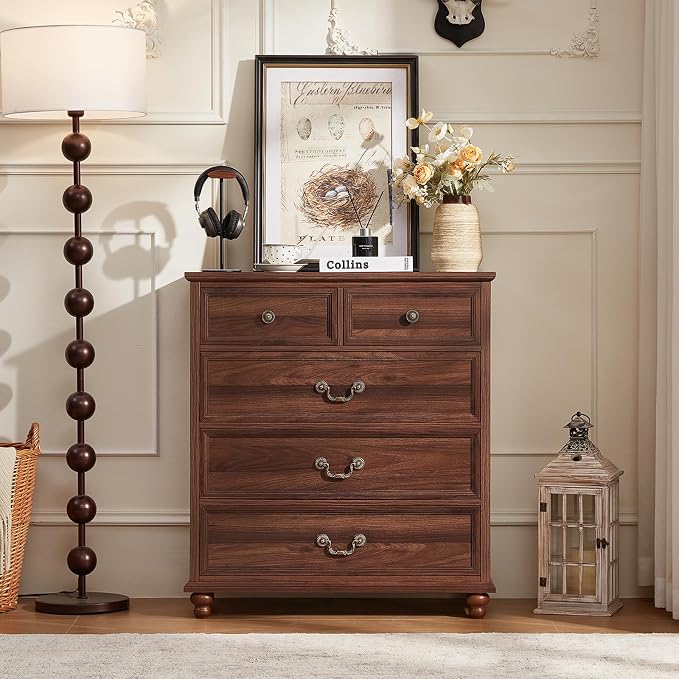 Joaxswe Farmhouse 5 Drawer Dresser Set of 2 for Bedroom, 35" Tall Rustic Chests of Drawers w/ 4 Solid Wood Feet, Mid Century Vintage Wooden Closet Storage Dressers Organizer for Living Room,Brown - Image 7