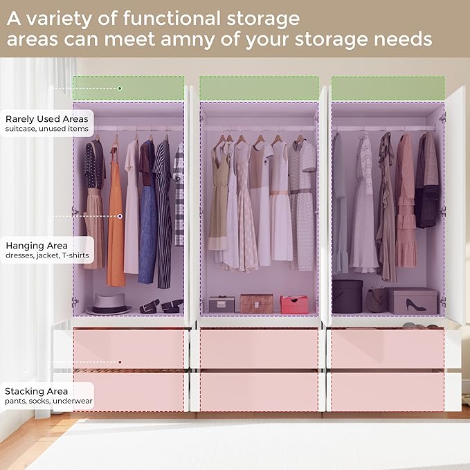 Armoire Wardrobe Closet with 6 Doors, Wooden Wardrobe Cabinet with 6 Drawers, Hanging Rod & Shelves, Freestanding Closets for Bedroom (White, 3)