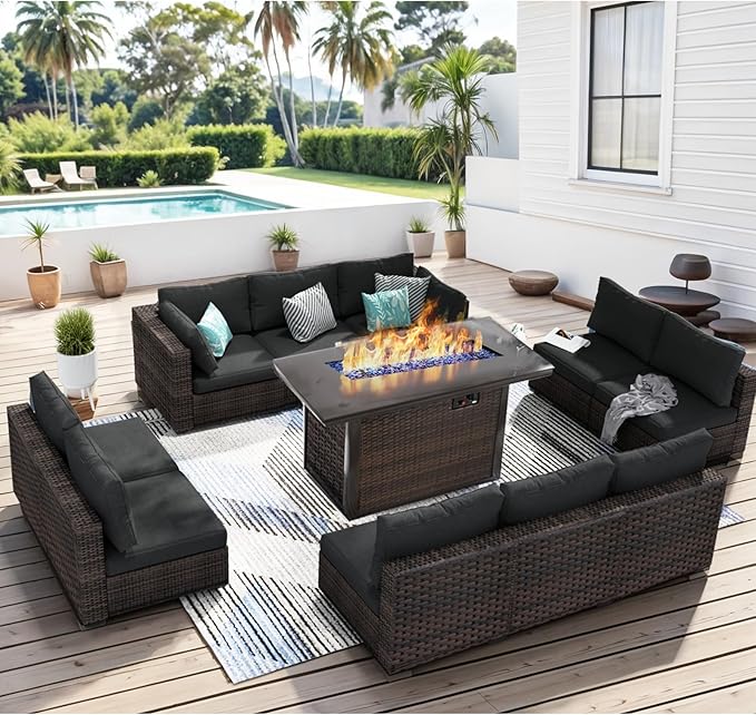 11 Pieces Patio Furniture Set with 44" Fire Pit Table, Rattan Outdoor Sectional Conversation Sets, All Weather Outdoor Furniture Set with Cushions for Garden Lawn Balcony Porch Deck Black