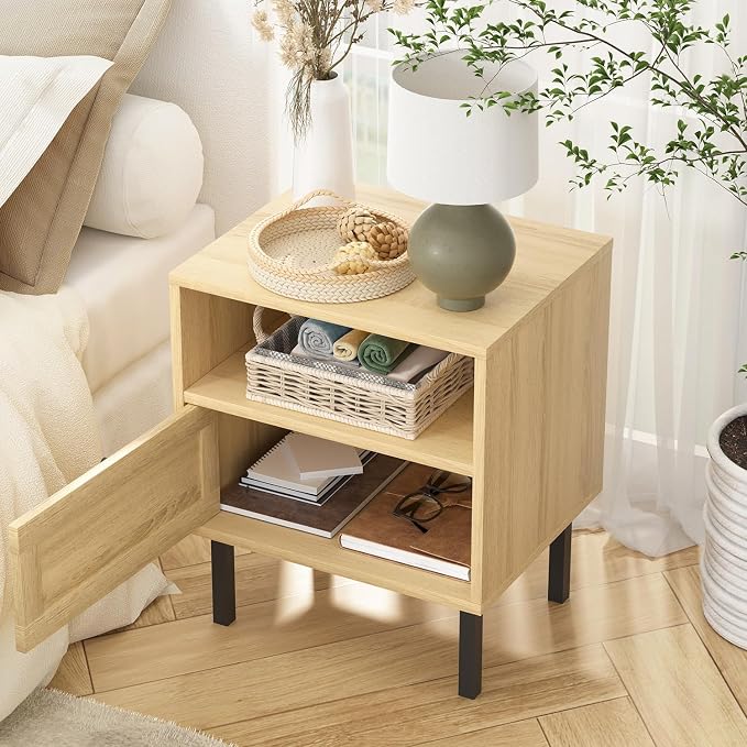 Angel Sar Rattan Nightstands Set of 2, Boho Night Stand with 1 Door, Accent End Table, Wood Bediside Table with Metal Legs&Open Shelf, Natural Wood - Image 7