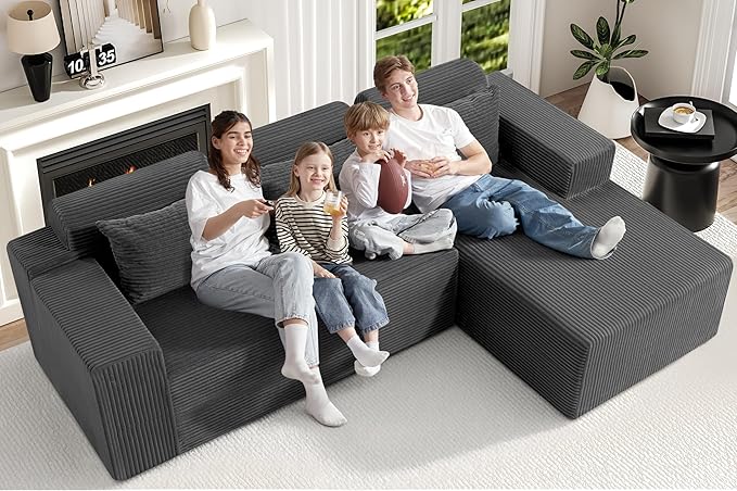 Homguava Modular Sectional Couches for Living Room,105" Cloud Couch with L-Shape Chaise,Comfy Sofa Living Room Sofas with Deep Seat,No Assembly L Couch,Corduroy Fabric(Grey,R)