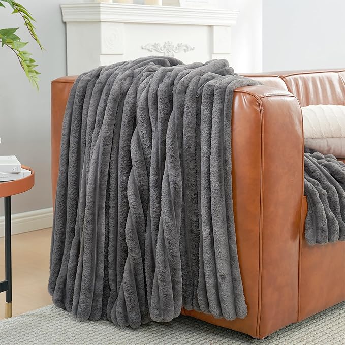 Amélie Home Faux Fur Throw Blanket for Couch, Cozy Fuzzy Fluffy Fur Luxurious Soft Striped Plush Gift Blankets for Family Sofa Chair Bedroom, 60"x80", Charcoal Grey
