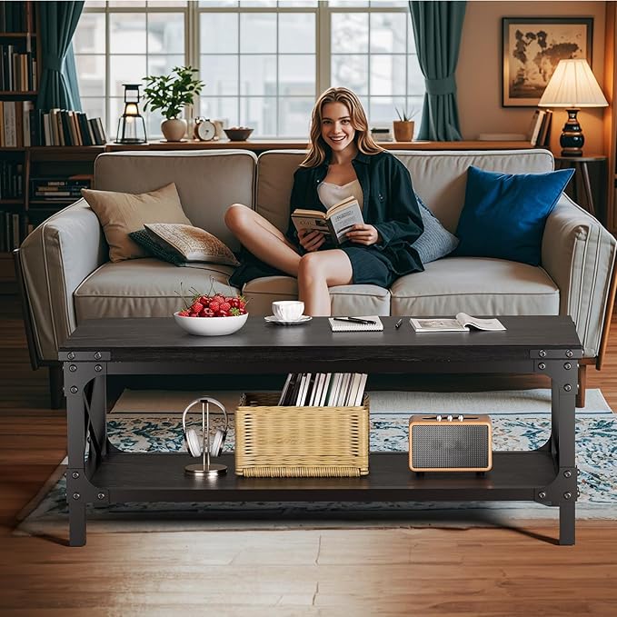 Rectangle Coffee Tables for Living Room, Wood Rectangular Coffee Table, 2 Tier Industrial Modern Center Table with Thickened Tabletop and Metal Frame, 47 inch Long (Black)
