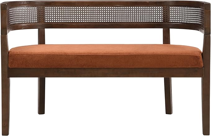 Christopher Knight Home Xiza Modern Fabric Upholstered Loveseat Sofa with Rubberwood Frame, Comfy 2-Seater Sofa Couch and Rattan Backrest, Love Seat Couches for Living Room, Dark Orange + Walnut