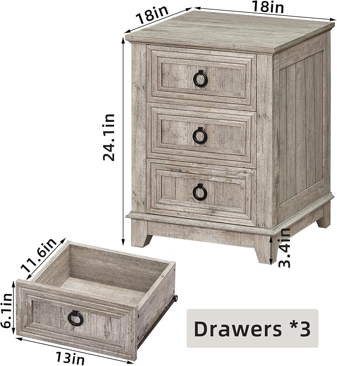 Joaxswe Farmhouse Night Stand Set of 2, 18" End Table with 3 Drawer Metal Handle, Dresser for Bedroom, Sofa Bed Side Table Chest of Drawers,Wood Nightstand Cabinet for Organizer, Living Room-Oak - Image 3