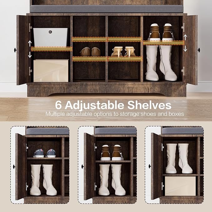 71" Hall Tree with Bench and Shoe Storage, Entryway Hall Tree with 2 Doors and 6 Adjustable Shelves, Cushioned Storage Bench with Coat Rack for Hallway, Living Room, Mudroom - Image 5