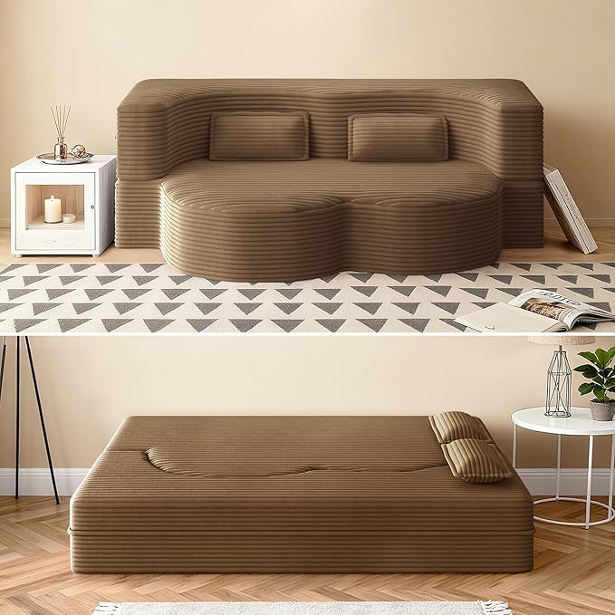 78" Convertible Sofa Bed, 2-in-1 Folding Floor Couch with 2 Pillows, Sleeper Sofa for Living Room and Bedroom, No Assembly Required (Camel, Corduroy Fabric)