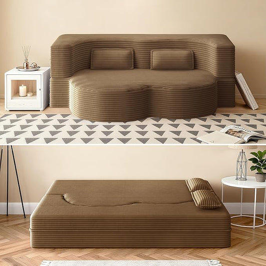 78" Convertible Sofa Bed, 2-in-1 Folding Floor Couch with 2 Pillows, Sleeper Sofa for Living Room and Bedroom, No Assembly Required (Camel, Corduroy Fabric)