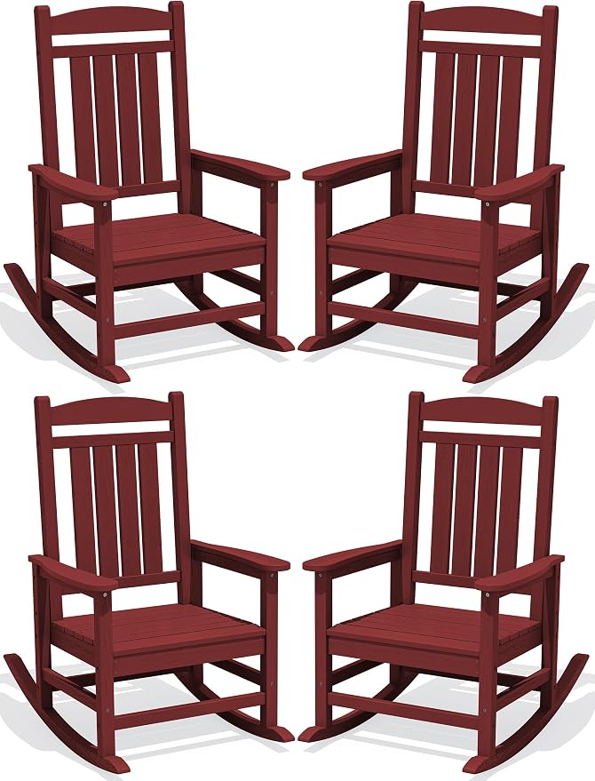 KINGYES Oversized HDPE Outdoor Rocking Chair Set of 4, All-Weather Poly Patio Rocking Chairs with 330lbs Support for Adults, Dark Red by KINGYES