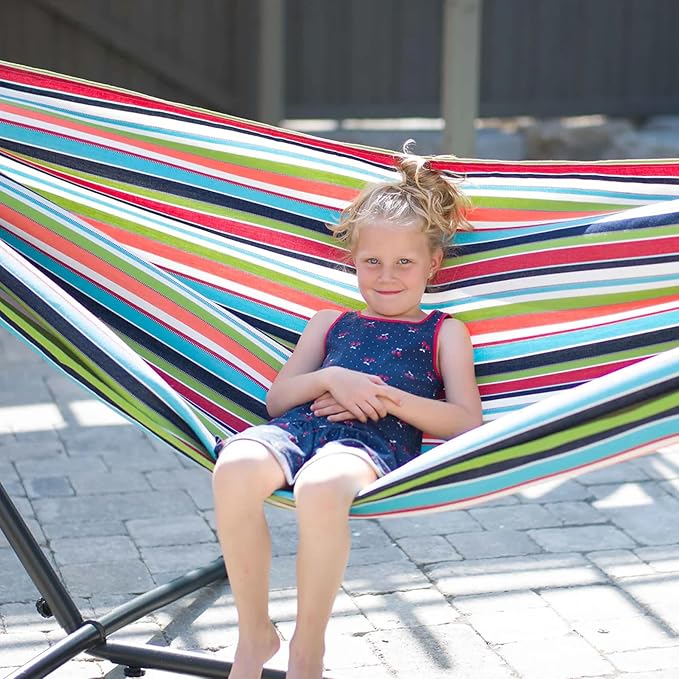 Vivere Double Sunbrella Hammock with Space-Saving Steel Stand, Heavy-Duty Portable Outdoor Hammock Set for Backyard, Patio, or Travel, Confetti - Image 5