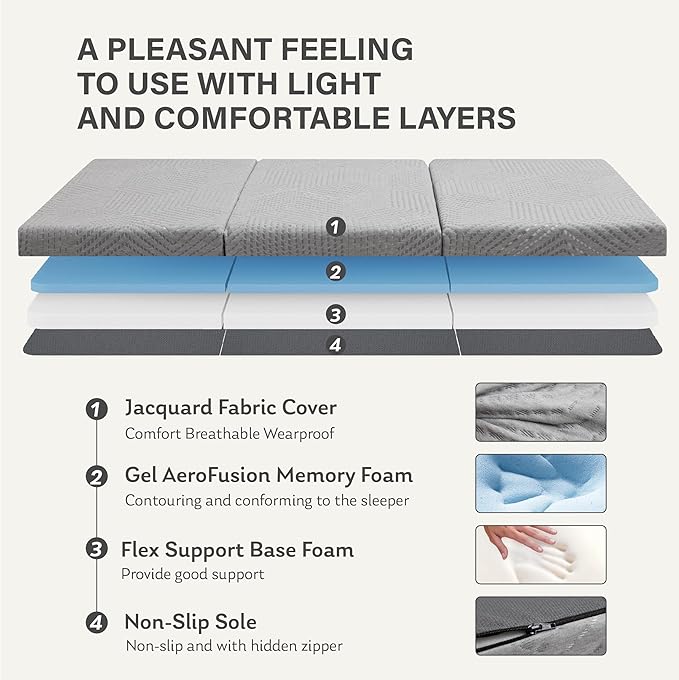 MLILY Tri-Fold Memory Foam Mattress Topper, 4 inch Full Folding Mattress with Collapsible and Washable Cover, Travel and Guest Mat, 75"×54"×4", Grey