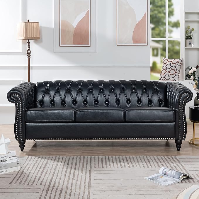 ERYE 84.5-Inch Classic 3 Seat Chesterfield Sofa Couches for Living Room Bedroom, 3 Seaters Button Tufted Faux Leather Upholstered Chesterfield Sofa Couch,Wood Legs | Button Tufted, Easy to Assemble, Nailhead, Removable Cushion