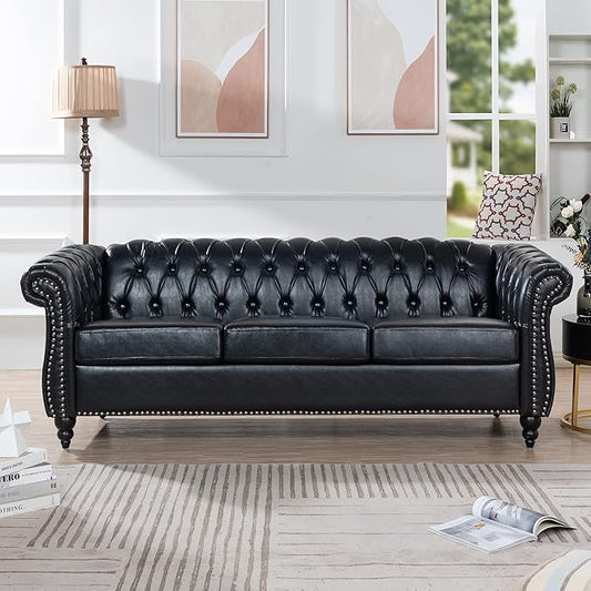 ERYE 84.5-Inch Classic 3 Seat Chesterfield Sofa Couches for Living Room Bedroom, 3 Seaters Button Tufted Faux Leather Upholstered Chesterfield Sofa Couch,Wood Legs | Button Tufted, Easy to Assemble, Nailhead, Removable Cushion