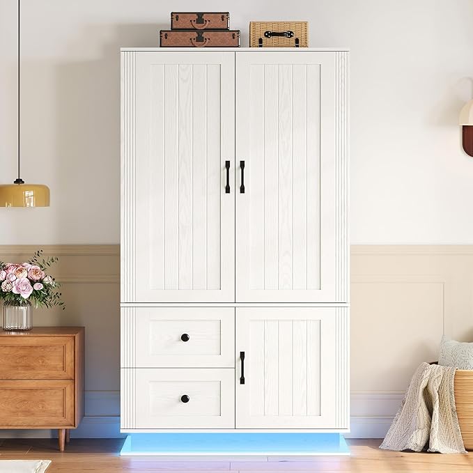 LIKIMIO Farmhouse Wardrobe Closet with Doors, 70" Bedroom Armoires with LED Lights and Hanging Rod, Wooden Large Wardrobe Cabinet with 2 Drawers and 1 Cabinet, Classic White