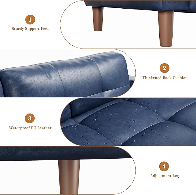 GarveeHome 3-Seater Sofa Couch, 83 in Wide Faux Leather Sofa Couch with Spring Cushion, Modern Sofa with Deep Seats and 2 Removable Back Cushions, for Living Room, Bedroom, Apartment, Office, Blue