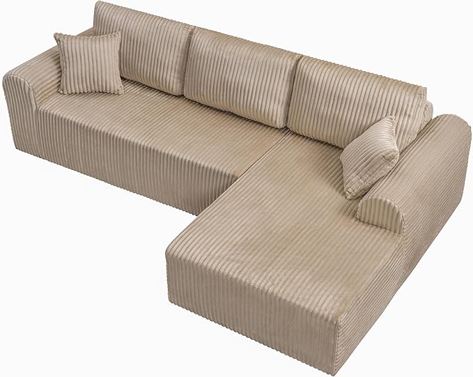 109-Inch L-Shaped Right Facing Boneless Corner Sofa 2 PCS Modular Sectional Cloud Sofa Couch with Chaise Lounge and Toss Pillow, Corduroy Boneless L-Shaped Couches