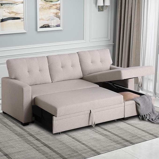 Rovibek 4-in-1 Convertible Sleeper Sofa Bed with Pull Out Bed - L Shaped Couch with Reversible Chaise & Storage, Space-Saving Hidabed for Living Room, Bedroom, Dorm, Office
