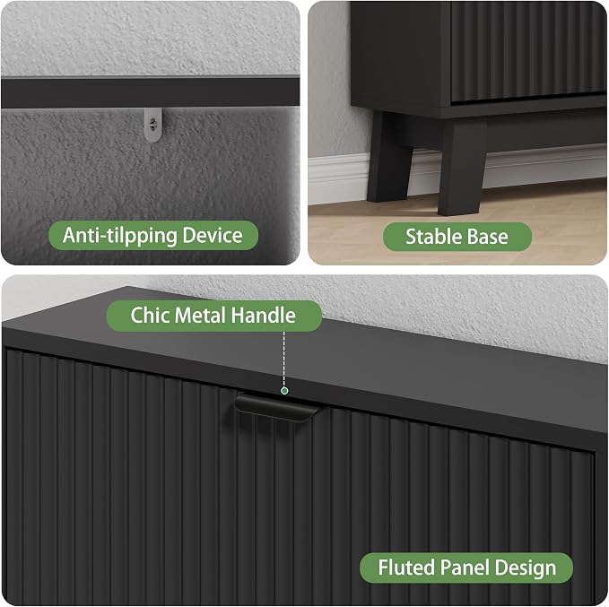 Xixini Shoe Cabinet with 3 Flip Drawers, 54" Tall Narrow Fluted Shoe Storage Organizer for Entryway, Hidden Wooden Shoe Rack with Adjustable Side Cabinet for Front Door Entrance, Hallway, Solid Black - Image 4