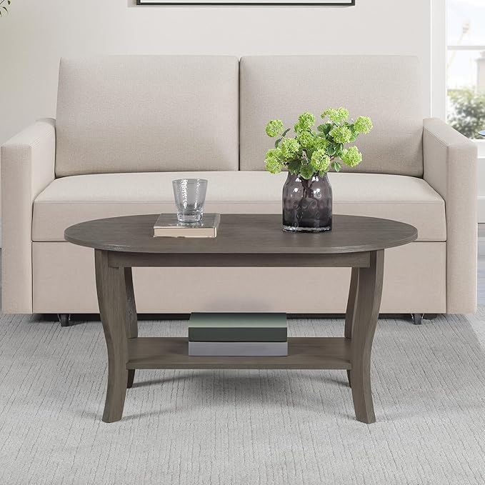 Convenience Concepts American Heritage Oval Coffee Table 36" - Classic Living Room Table with Storage Shelf for Transitional Living Room, Wirebrush Dark Gray