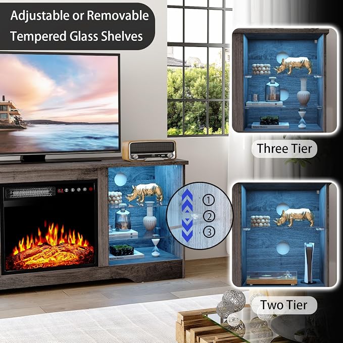 PRETZI Fireplace TV Stand with 18" Fireplace Up to 65" TVs, 58" Entertainment Center with LED Lights, TV Media Console with Adjustable Glass Shelves and Storage Cabinets for Living Room, Grey - Image 4