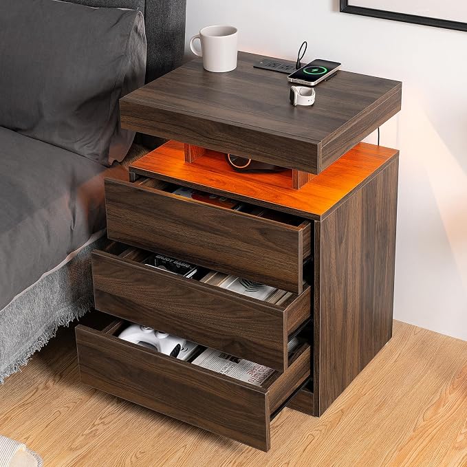 HOMMPA Nightstand with Charging Station and LED Light, Smart Nightstand with USB Port & Wireless Charging, Modern Night Stand with 3 Drawer, Rustic Beside Table for Bedroom, Walnut by Hommpa