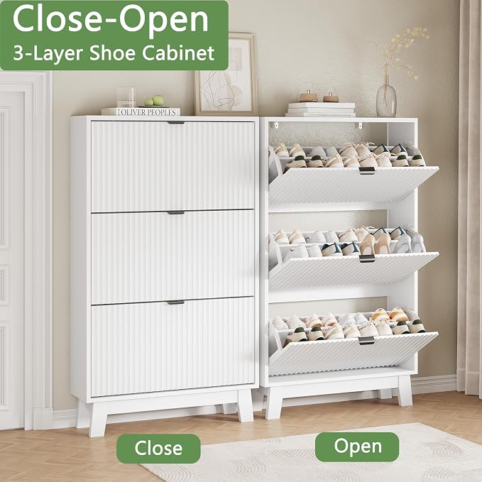 Xixini Shoe Cabinet with 3 Flip Drawers, 54" Tall Narrow Fluted Shoe Storage Organizer for Entryway, Hidden Slim Wooden Shoe Rack Cabinet for Front Door Entrance, Hallway, Living Room, Solid White - Image 5