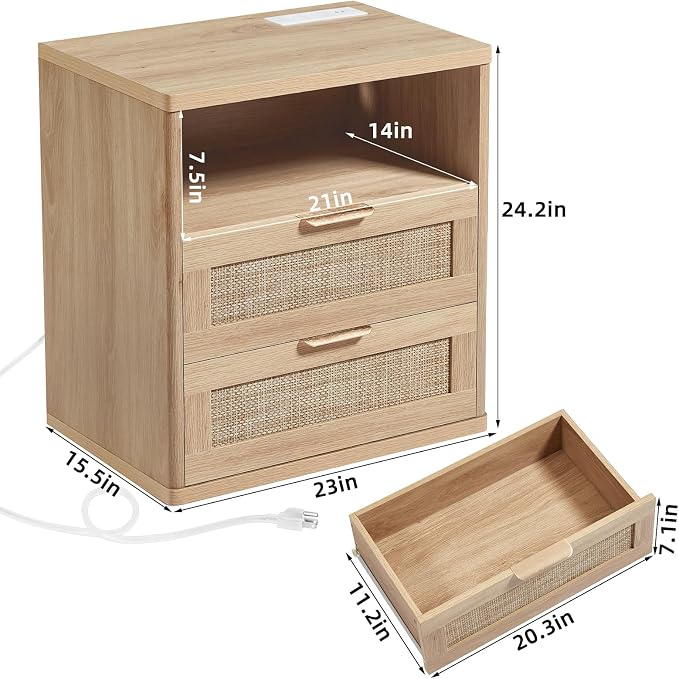 LEYAOYAO Rattan Nightstands Set of 2 with Charger Station, 23" Wide Boho Night Stand with 2 Drawers, Natural Wood Bedside Table Open Shlef, Bed Side End Table Dresser for Bedroom, Living Room Hallway - Image 3