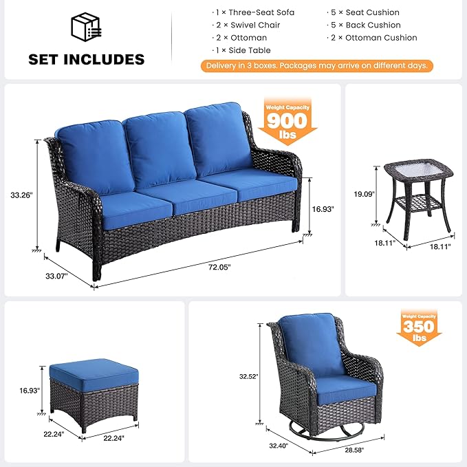 ovios 6-Piece Patio Furniture Set with Swivel Chairs Coffee Table, Outdoor Wicker Sofa with Comfy Cushions, High Back Couch Modern Conversation Sets, Brown/Navy Blue