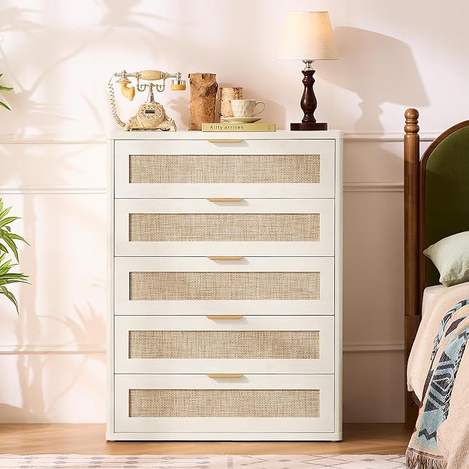 LEYAOYAO Rattan Dresser for Bedroom Set 2, 41" Tall Chest of Drawers, Modern 5 Drawers Boho Dressers with Storage, Light Oak Dresser Wooden Closet Organizer for Living Room, Hallway, Grey White - Image 5