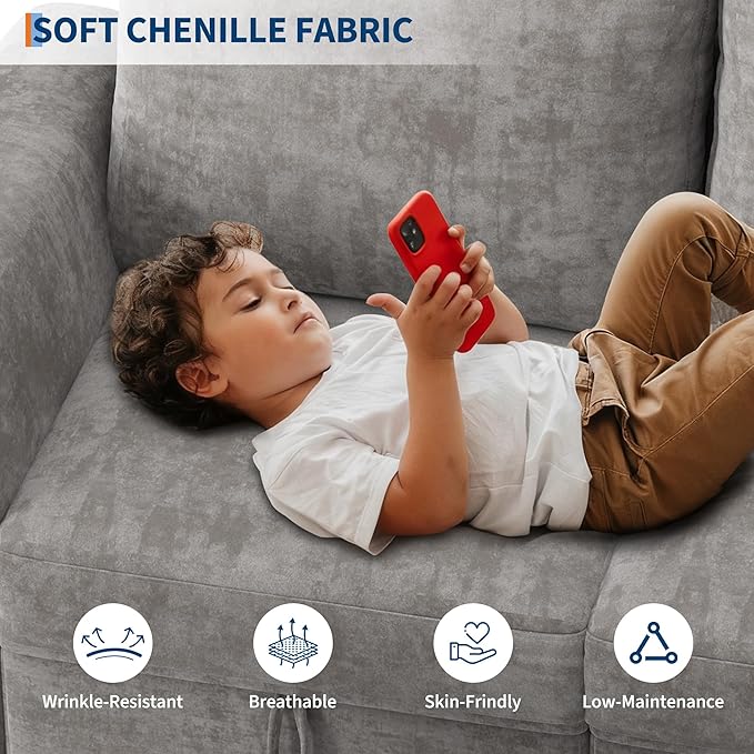 L-Shape Sectional Sofa with Storage, 108" Modular Cloud Couch, 4-Seater Sofa Bed with Ottoman, Chenille Fabric with Hidden Storage for Small Spaces(Gray 4-Seater)
