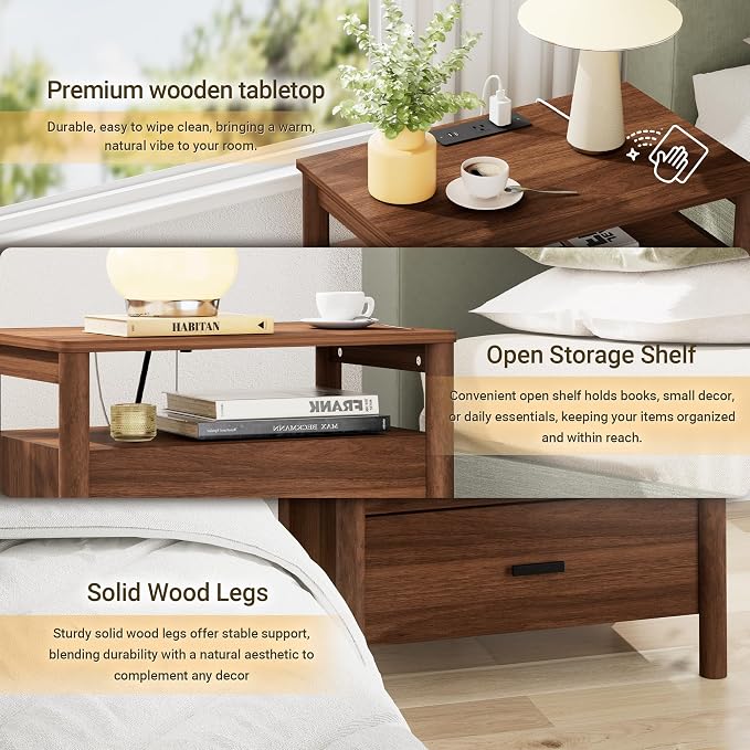 Night Stand Set 2, 23" Wide Nightstands Set of 2, Walnut Nightstand with Charging Station, 2 Drawer Wooden End Table with Solid Round Post Legs & Open Shelf,Modern Bedside Table for Bedroom - Image 3
