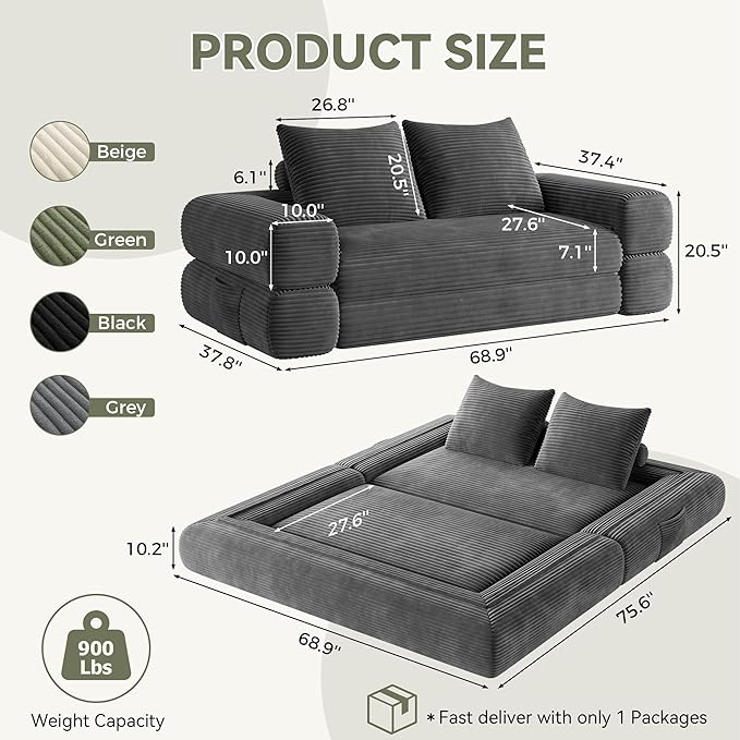 4-in-1 Convertible Folding Sofa Bed, 76 Inch Queen Size Foldable Sleeper Sofa Bed, Wide Corduroy Upholstery, Boneless Mattress Couch with Armrests & Neck Pillow for Living/Bedroom - Grey