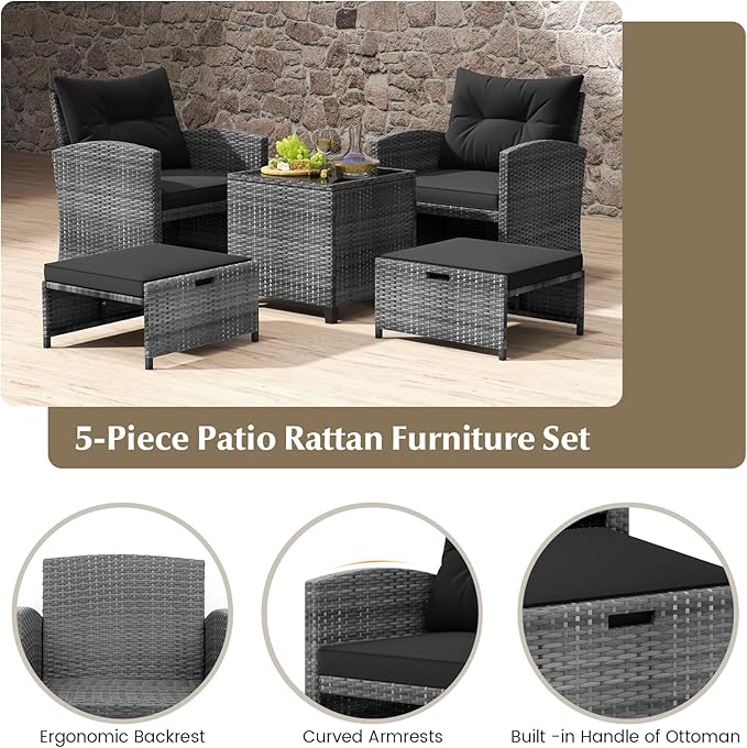ORALNER 5 Pieces Patio Furniture Set with Ottoman, Wicker Conversation Set w/Cushions, Glass Coffee Table, Outdoor Lounger Rattan Chairs Bistro Set for Porch Balcony Garden Deck Poolside (Black)