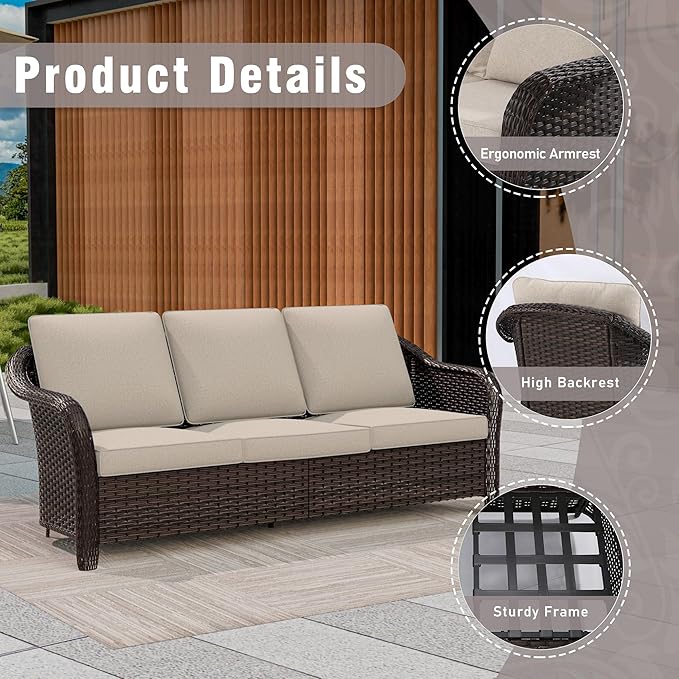 8 Piece Patio Wicker Conversation Set, All-Weather Use Outdoor Wicker Sofa with 2 PE Rattan Ottomans,4 Chair, 1 Side Table, Ideal for Porch, Backyard, Balcony, Poolside, Beige