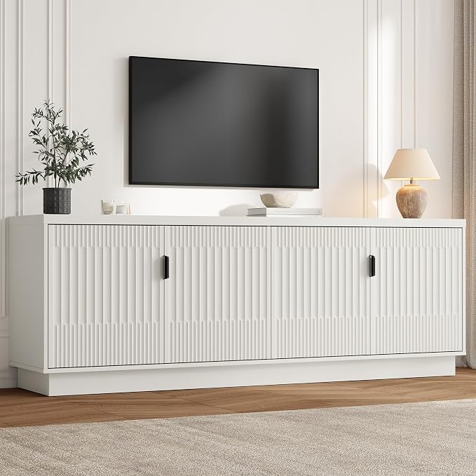 Fatmok Fluted TV Stand for up to 75" TVs, 68" Entertainment Center with 4 Doors, Modern Media Console with Adjustable Shelves & Storage Cabinets, White by Fatmok