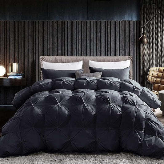 Luxurious Goose Down Feather Fiber Comforter Queen Size All-Season Duvet Insert, Premium Baffle Box, 100% Egyptian Cotton Cover, 65 oz Fluffy Fill Weight - Black Pinch Pleat