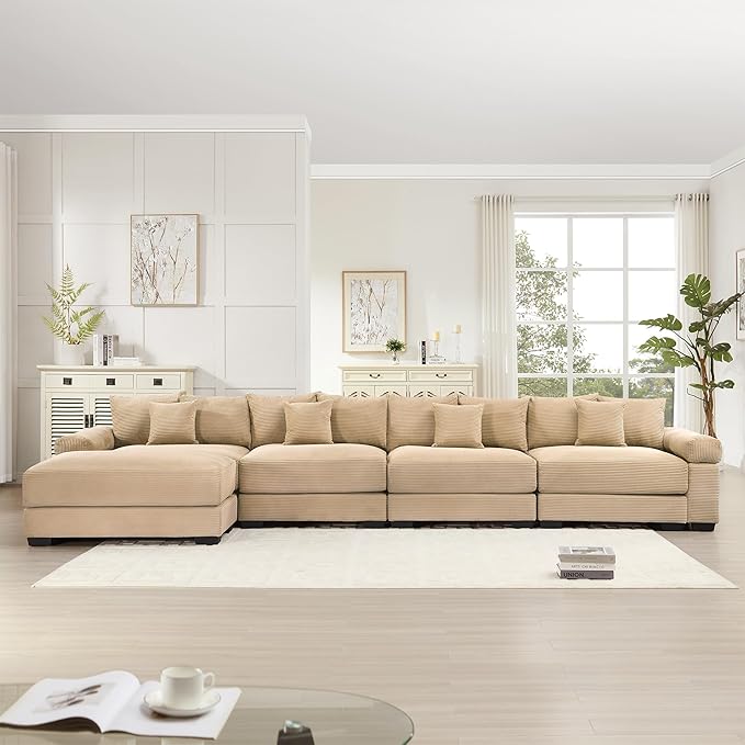 KEIKI 168" Oversized Corduroy Modular Cloud Sectional Sofa with High-Density Foam Cushions, Extra-Thick Armrest, Upholstered Modern 4-Seater Fluffy Corner Couch with 12 Pillow, for Living Room, Camel