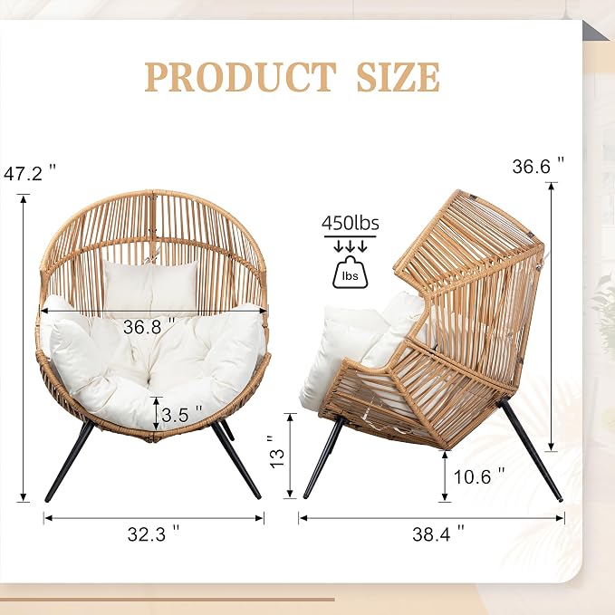 Vongrasig Outdoor Wicker Egg Chair PE Rattan Chair with Cushion, Oversized Patio Lounge Chair for Outdoor, Indoor, Balcony, Backyard, Garden, Beige - Image 6