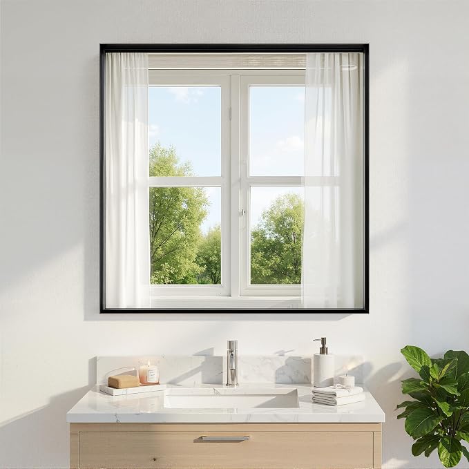 Suidia Bathroom Mirror, 30" x 30" Wall Mirror Metal Framed, Bathroom Vanity Mirror for Living Room Bedroom Bathroom Entryway, Black, Rect Corner Style by SuidiaMirror
