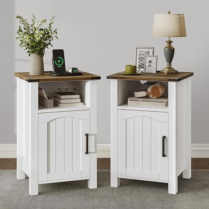 Decofy Farmhouse Nightstand with Charging Station, Set of 2, Wood Bedside Table with Storage & Open Compartment, Side End Table for Bedroom, Rustic White and Brown by Decofy