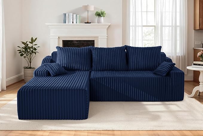 Homguava 94'' Cloud Sectional Couch, Modular L-Shape Couch with Chaise, Boneless Sofa with Deep Seat for Living Room Bedroom,No Assembly Required(Blue,Left Facing Chaise)