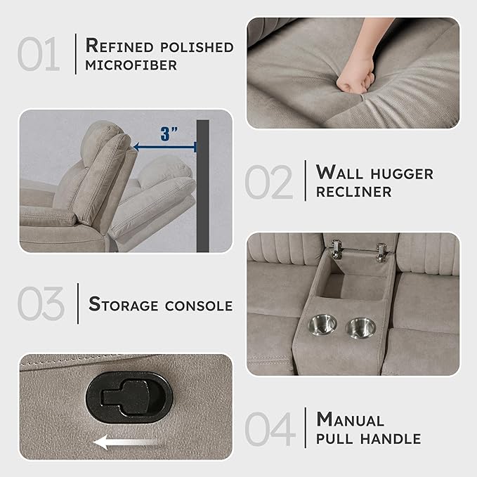 Lexicon Manual Double Reclining Loveseat, Polished Microfiber Manual Wall Hugger Loveseat Recliner for Living Room, Center Storage Console/Cup Holders, Easy Assembly, Dove
