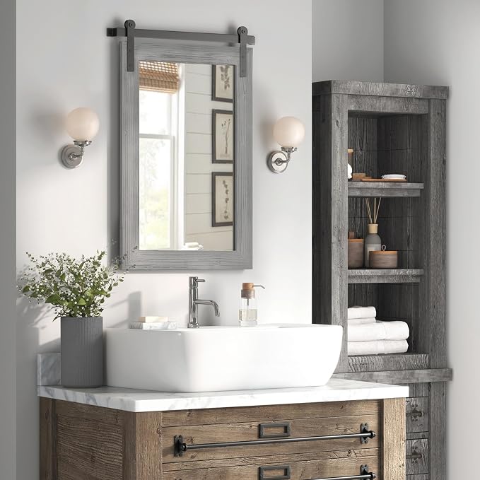 COGOOD Farmhouse Bathroom Mirror - 42 x 29 Rustic Barn Door Style Mirror for Living Room, Entryway, Vanity Wall Decor (Grey) by COGOOD