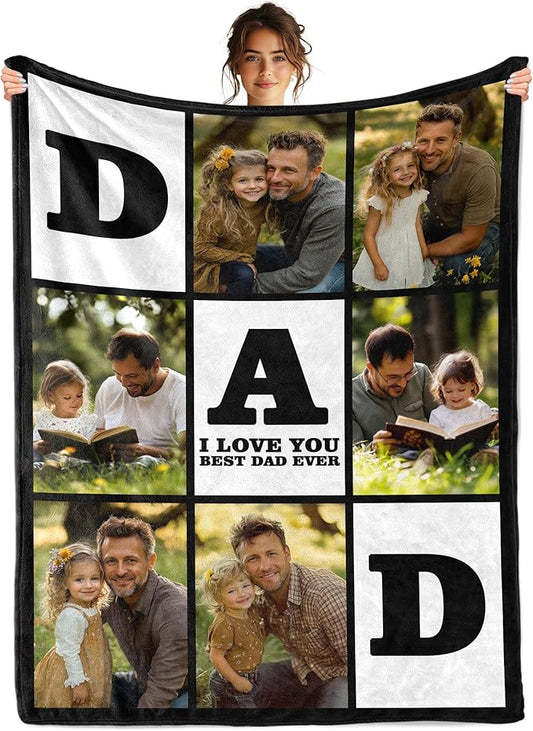 Personalized Father's Day Blanket Gifts for Husband Dad from Daughter Son Wife, Custom Blanket with Pictures Text, Fathers Day Christmas Birthday Gift for Father, Daddy, Husband, Men