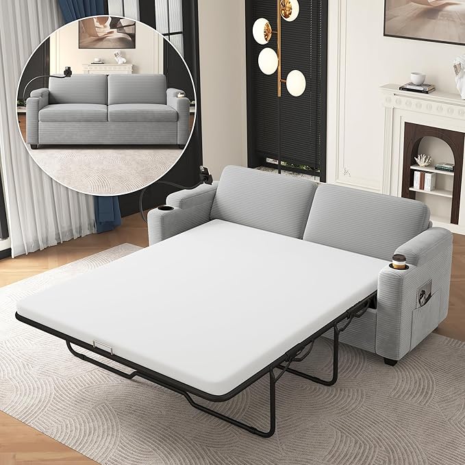 Merax 72.8" Corduroy Sleeper Sofa Bed with Full Size Mattress, Futon Couches with USB Ports | Phone & Cup Holders| Side Pockets,Pull Out Couch for Living Room, Small Loveseat, Grey