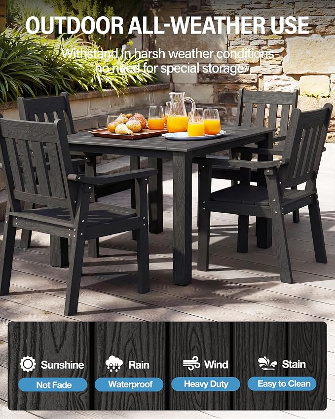 YEFU HIPS Patio Table Set: 5 Piece Outdoor Square Table and Chairs with Metal Aluminum Frame - Black Modern Plastic Patio Dining Furniture Set 4 Person for Outside Deck - Image 3