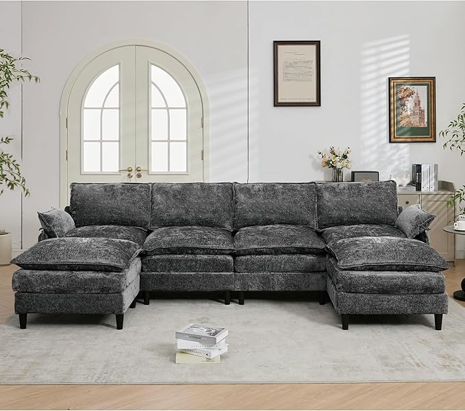 121-Inch U-Shaped Sectional Cloud Sofa Oversized Modular 6 Seaters Sofa Couch with 2 Ottoman Chaise and Pillow Armrest, Chenille Upholstered Convertible Cloud Couch