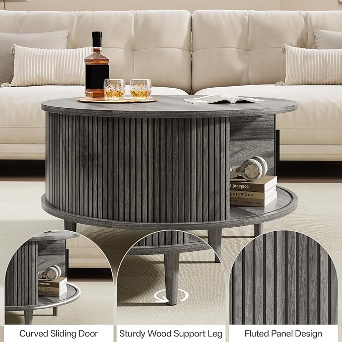 Round Coffee Table with Storage, Mid Century Modern Coffee Table, Fluted Dining Table with Sliding Door, Circle Coffee Table for Living Room Home Office, 31.5", Gray